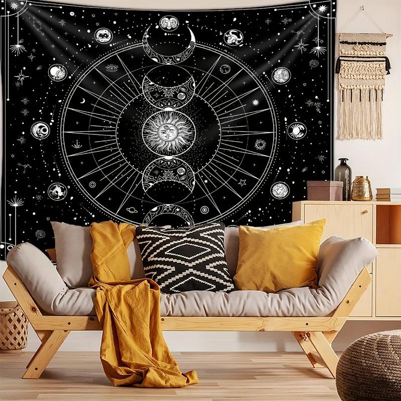 VIKAMA Black and White Constellations Moon Phases Tarot Wind Art Tapestry Living Room Bedroom Bedhead Sofa Background Wall Decor