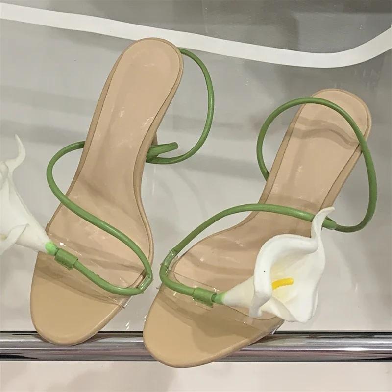 Fashion Elegant Transparent Pvc Flower Decorated Heeled Sandals Women Sexy Peep Toe Thin High Heels Fashion Party Dress Shoes for Women