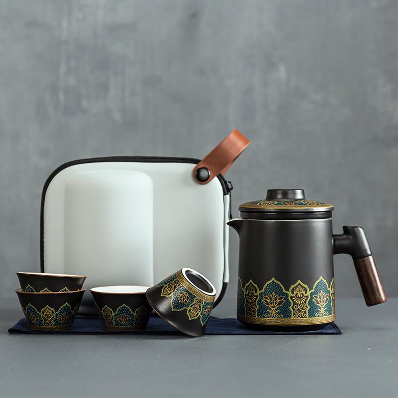 Portable ceramic one pot four cups travel tea set portable tea pot tea cup small set business gift express cup
