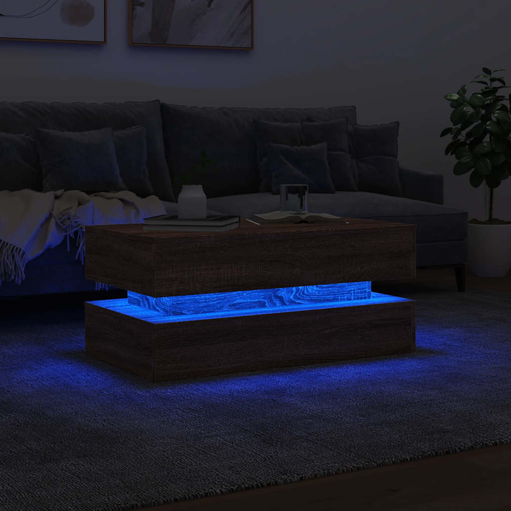 Coffee Table with LED Lights Brown Oak Effect 90 X 50 X 40 Cm