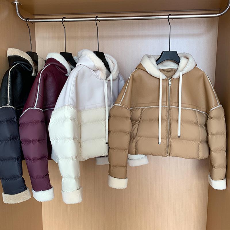 90 white duck down PU splicing down jacket women's 2024 winter new light luxury atmospheric loose sweater warm jacket tide