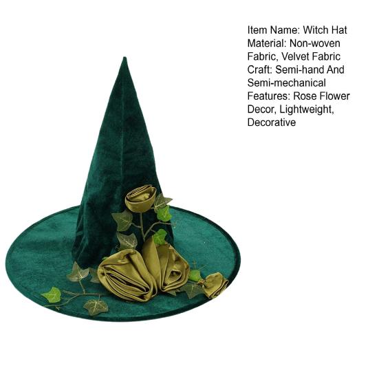 Rose-Lace Decor Witch Hat Halloween Green Party Cosplay Hat Magical Mystery Role-play Witch Hat Costume Accessory