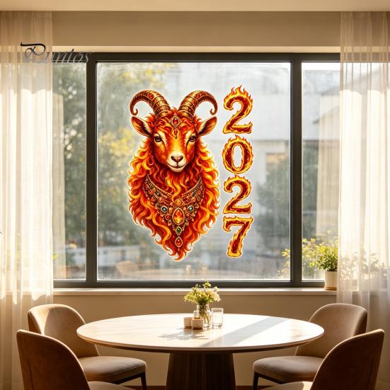 Flammenstruktur Sternzeichen Schaf Muster Aufkleber Chinesisches Neujahr Fenstersticker, 2027 des Ziegenstatisch Abnehmbar Elektrostatisch für Heimfenster Nein?Kleben