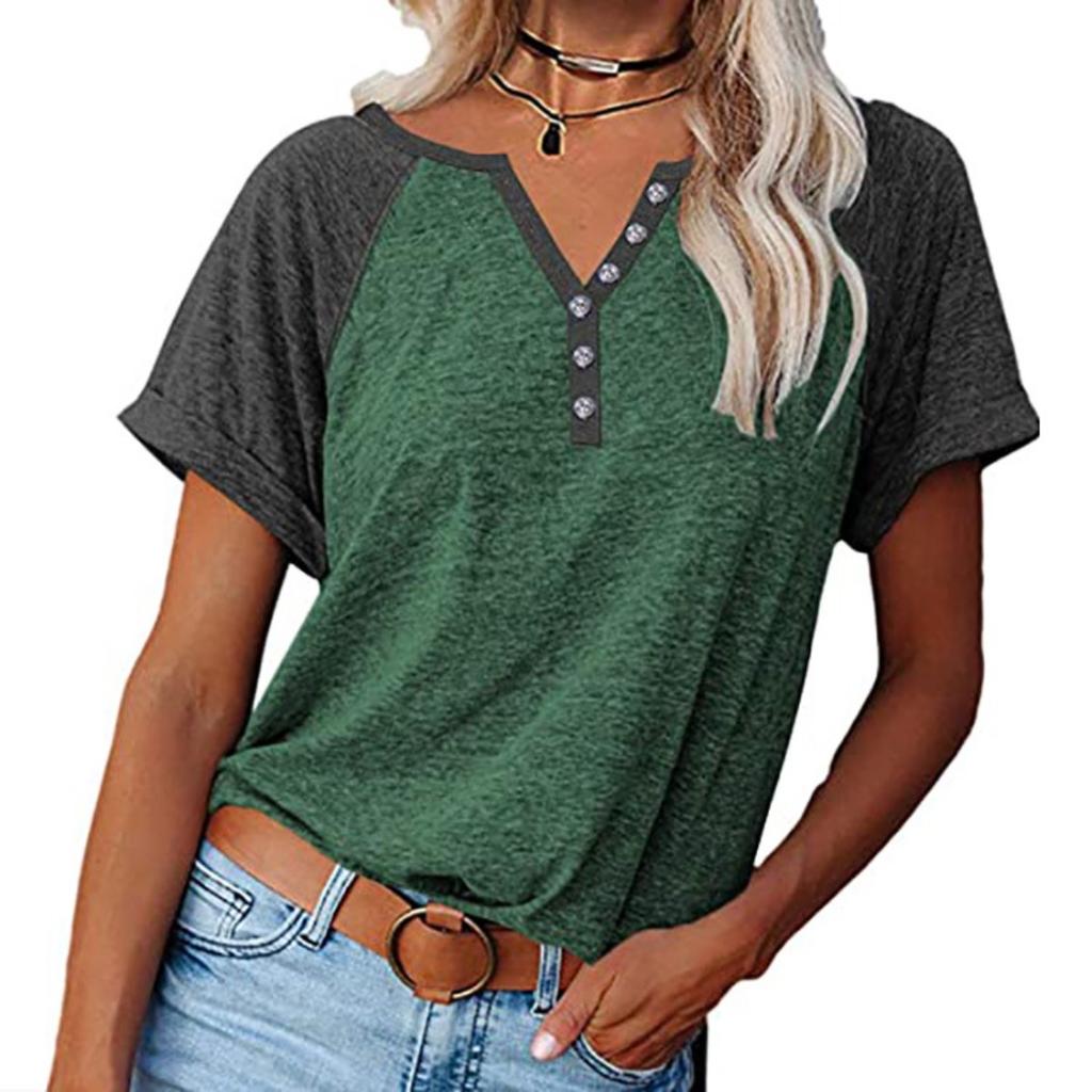 Women's Color Block V-Neck Button Decor Loose Short Sleeve T-shirt Casual Women's Top