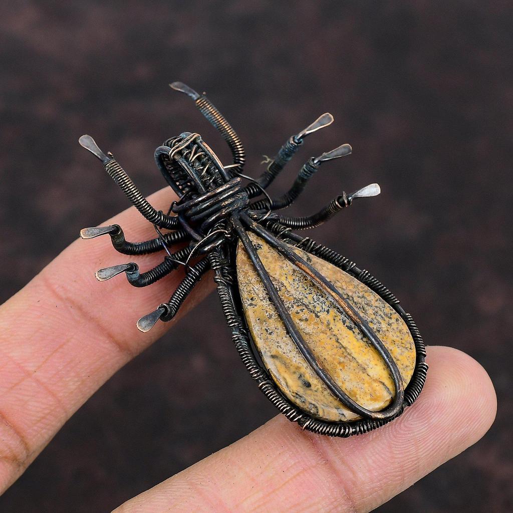 Picture Jasper Gemstone Pendant Copper Wire Wrapped Pendant Women Pendant Copper Wire Wrap Jewelry Pendant For Gift Handmade Spider Jewelry