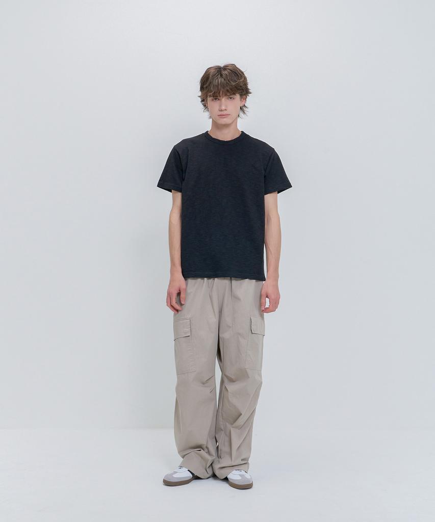 PSSHOPPER Semi-Crop Slub Vintage Short Sleeve T-Shirt [Black]