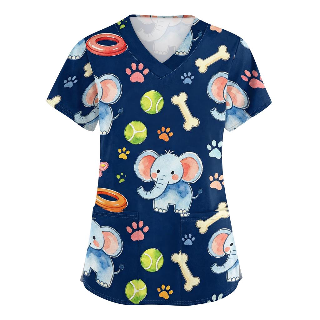 Women V Neck Short Sleeve Work Shirt with Pockets Animal Print Top for Healthcare Professionals Nurses Veterinary Staff