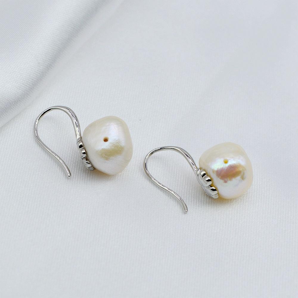 Girls Cute Sterling Silver Earrings Natural White Freshwater Pearl Small Earrings Baroque Style Fish Hook Earrings