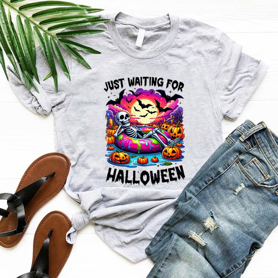 Just Waiting for Halloween T Shirt Skeleton Tshirt Funny Spooky Halloween Skeleton T Shirts Short Sleeve T-shirts Vintage Tees