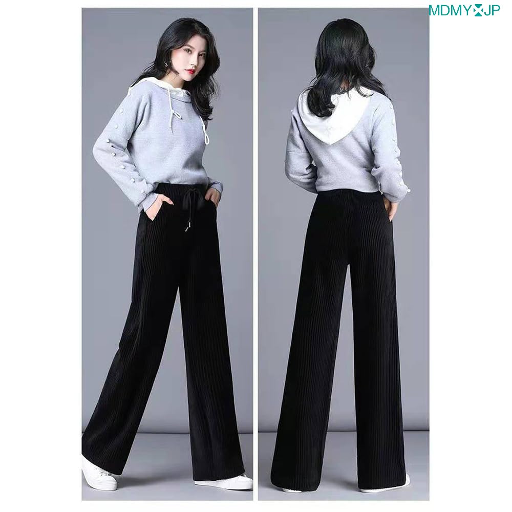 MDMYXJP Veludo Cotelê Perfeito para o Outono e MD371 Calças Femininas, de Perna Larga, Forradas com Lã, Quentes, Longas, de Cintura Alta, Inverno, (JP, Alfabeto, L, Preto)
