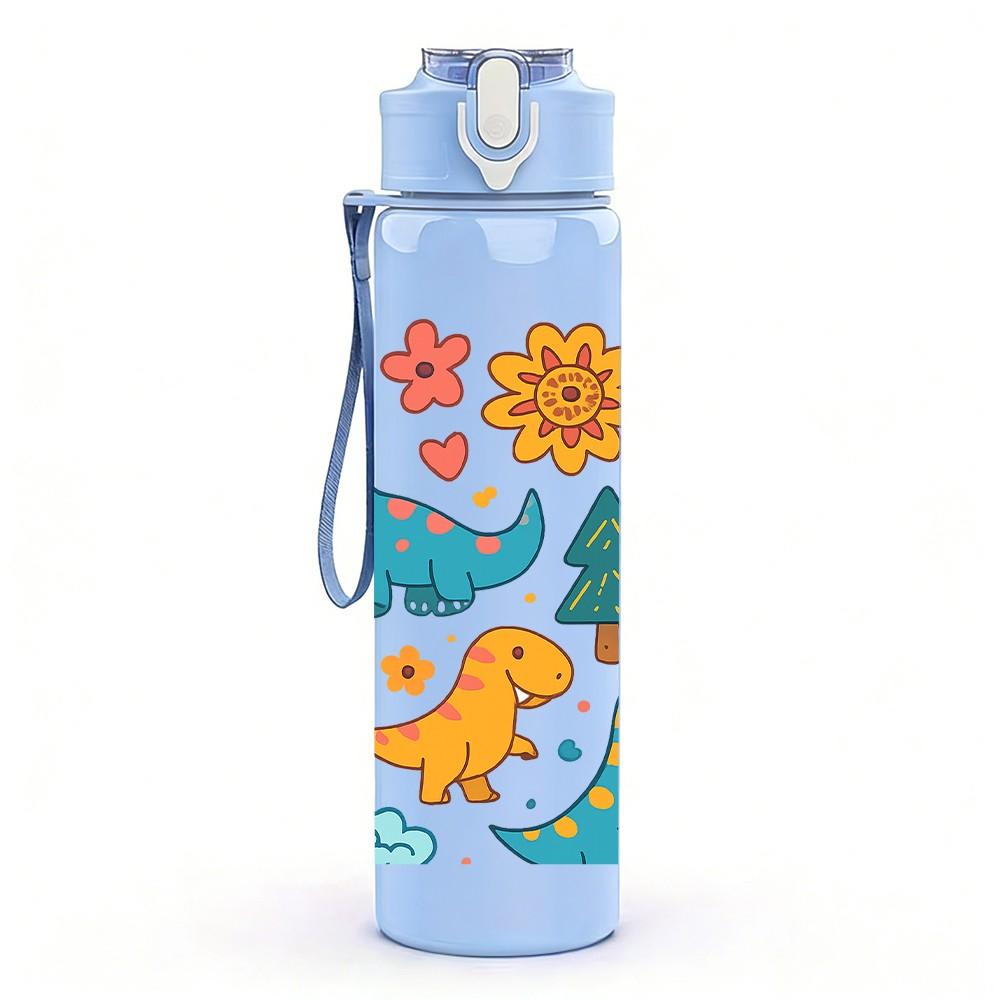 1PC Colorful Dinosaur Group Pattern 750ml Color Plastic Sports Water Bottle Leakproof Flip Straw Lid Suitable for Sports Office Home Use