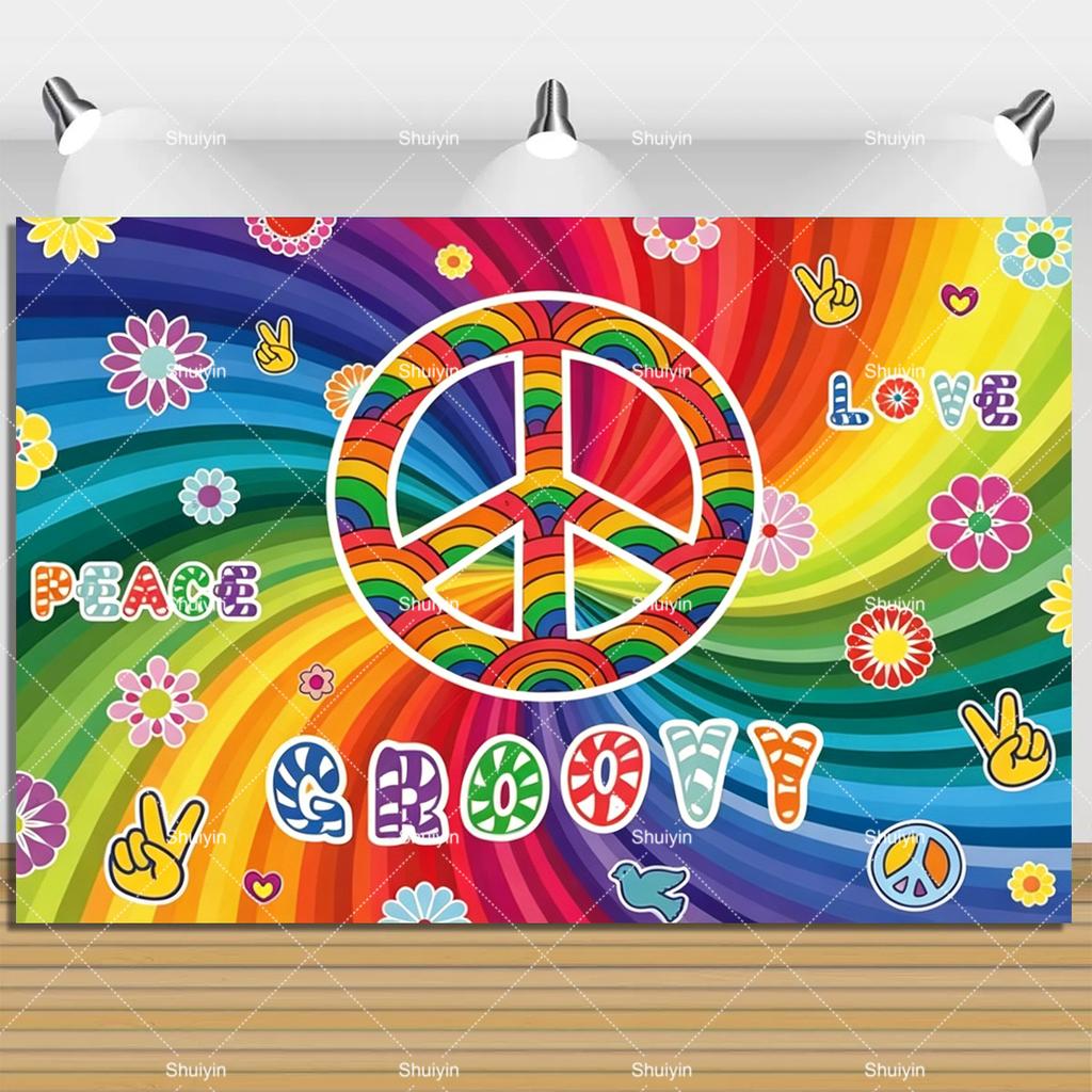 Colorful Peace Love Retro Hippie Bus Dyed Backdrop Kids Birthday Party Decorations Bohemian Style Guitar Floral Photography Prop