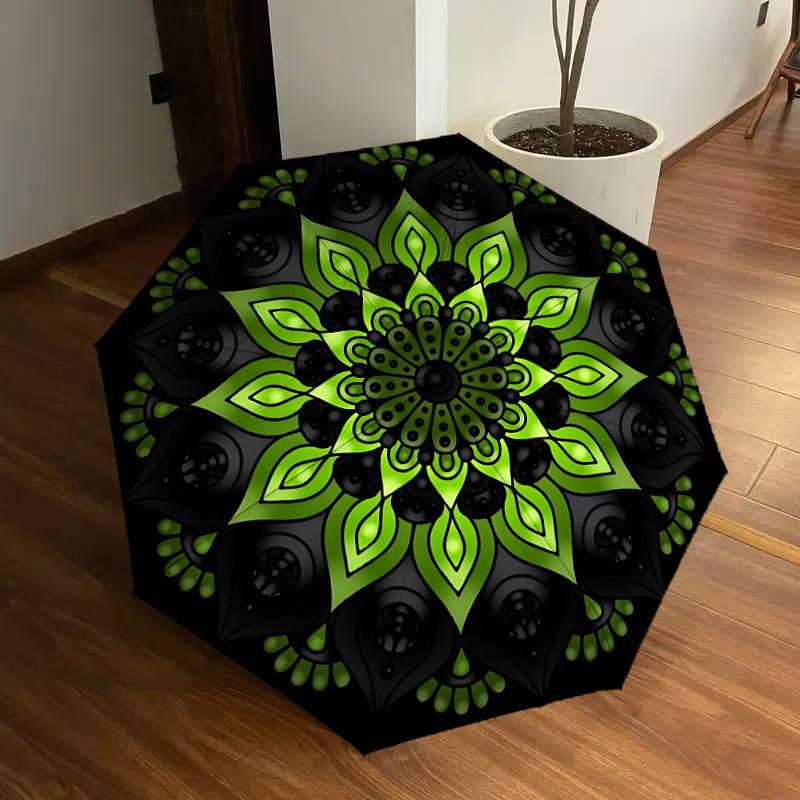 

1pc Green Mandala Pattern Automatic Folding Umbrella, Portable Collapsible Design, 8-Rib Iron Frame, All-Season Casual Outdoor Accessory yy250905076