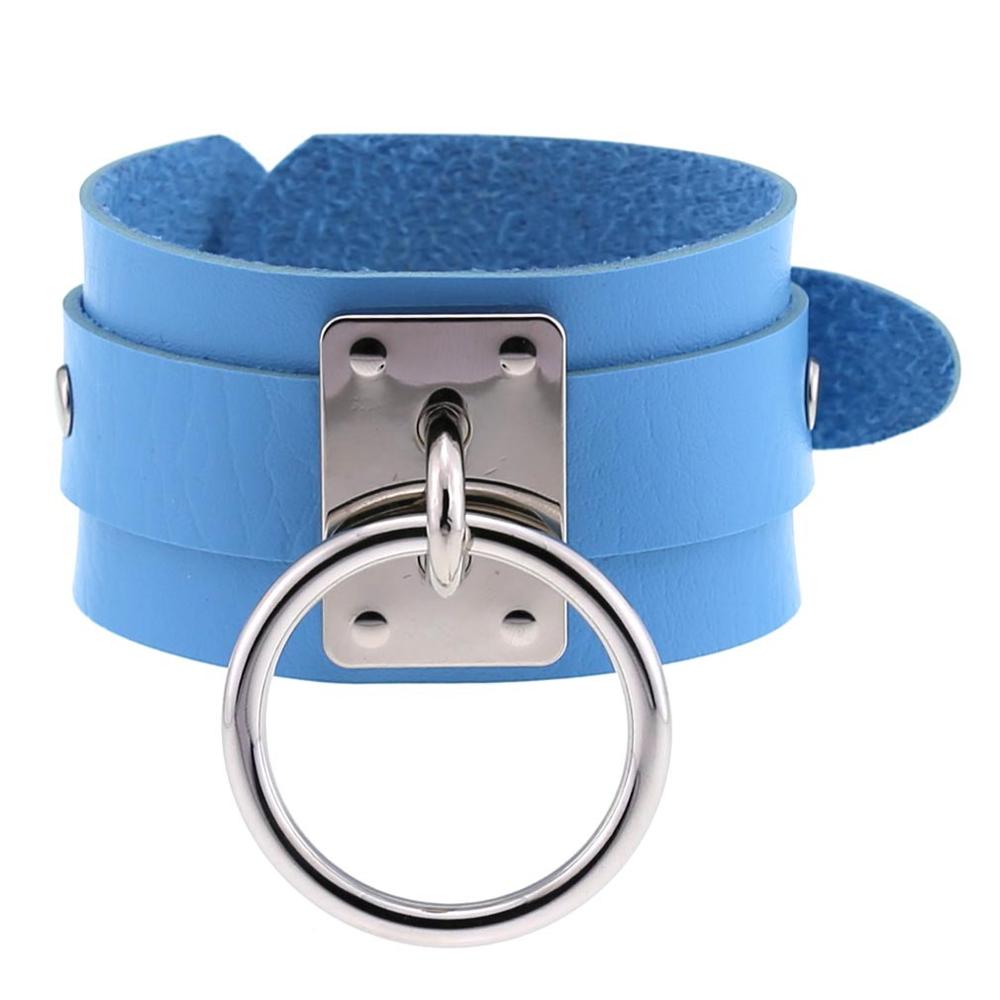 Leren O-Ronde Metalen Polsband Armbanden Harajuku Manchet Gotische Punk Armbanden Voor Vrouwen Mannen Emo Rave Heks Cosplay Feest Sieraden blue
