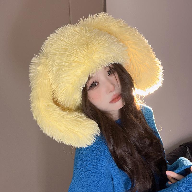 

Новые осенне-зимние мягкие и пушистые шапки-шарфы с длинными кроличьими ушами для защиты ушей Высококачественные теплые шапки-ушанки Холодные шапки для женщин M（56-58cm）
