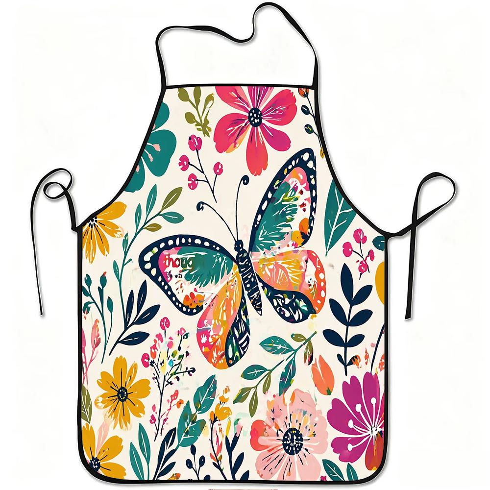 1pc Colorful Butterfly & Floral Apron with Adjustable Waistband - Durable Easy-Clean Polyester Suitable for Kitchen Cooking, Gardening, Picking, Chris
