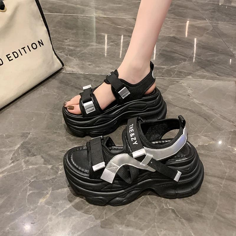 Fashion 8.5CM Thick Bottom Increase Sandals Women 2024 Summer New Casual All-match Non-slip Portable Beach Ieisure Sports Sandals