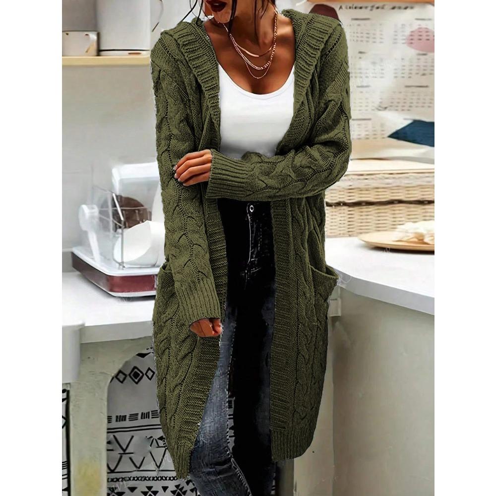 Kapuzenstrickjacke, Strickpullover im neuen Stil, einfarbiger langer Zopf-Taschenmantel für Damen