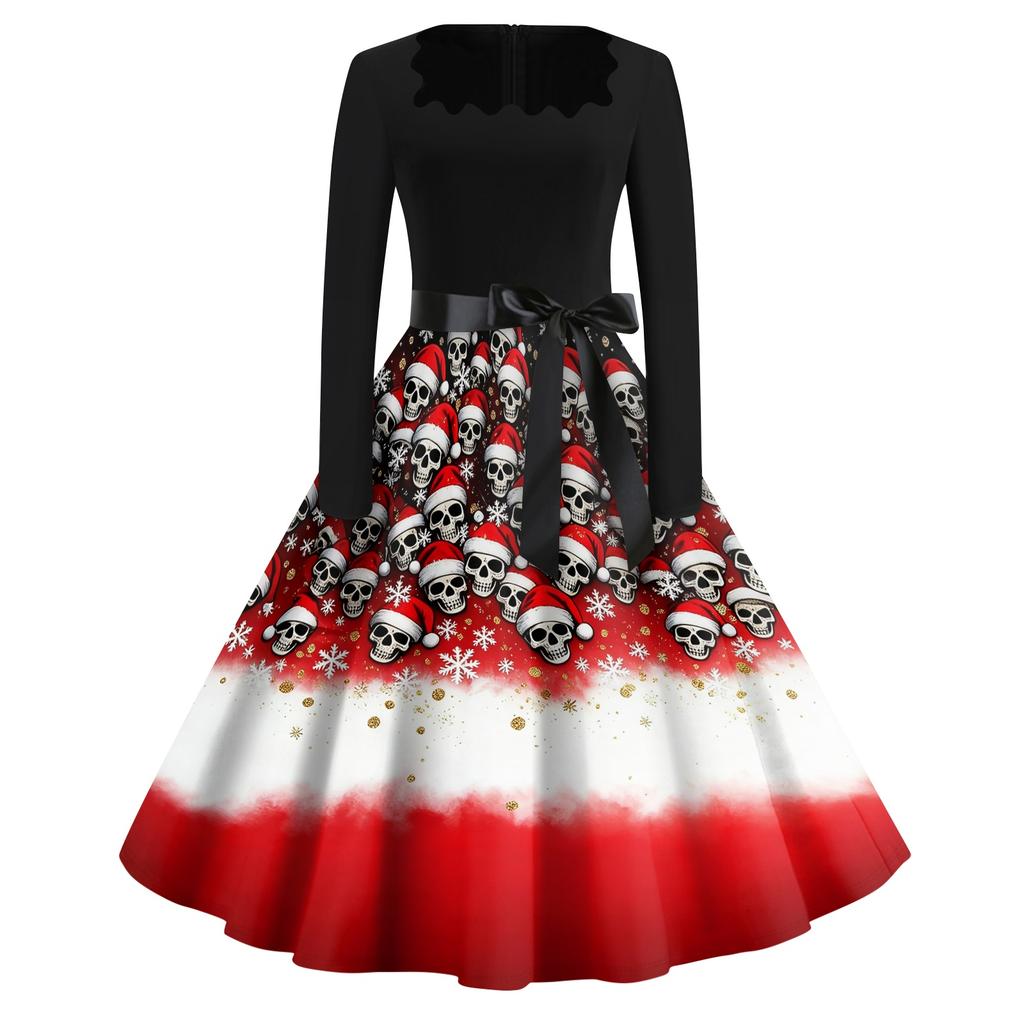 Women's Casual Christmas Print Square Neck Vintage Dress for Holiday Party and Everyday Wear