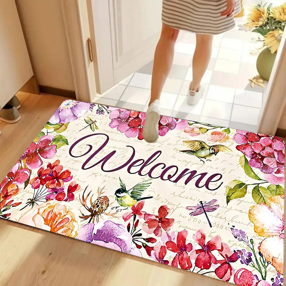 Floral Welcome Pattern Non Slip Carpet Modern Entryway Mat Washable Rug for Home Living Room Bedroom Kitchen Floor Decor