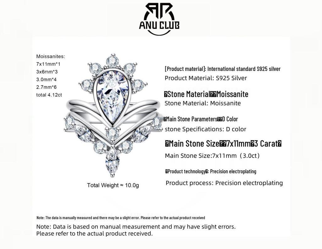 925 Sterling Silver 3 Carat Moissanite V-Shaped Engagement Ring Set, Light Luxury Women’s Wedding Band.