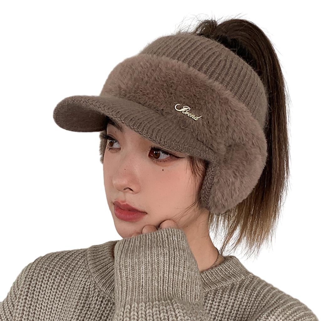 Novelty Furry Knitted Baseball Cap with Earflaps Women Influencers Same Slouchy Warm Ear Protections Empty Top Hat