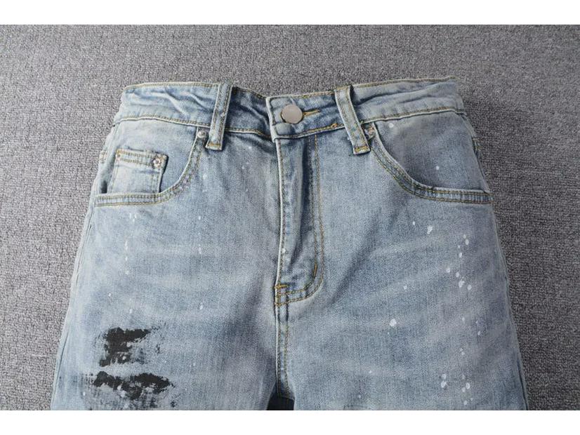 Pánské světle modré roztrhané skinny džíny s diamantovými nášivkami