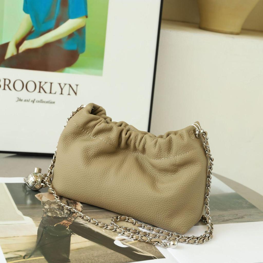 Women's Genuine Leather Cloud Pleated Shoulder Bag with Golden Ball Detail