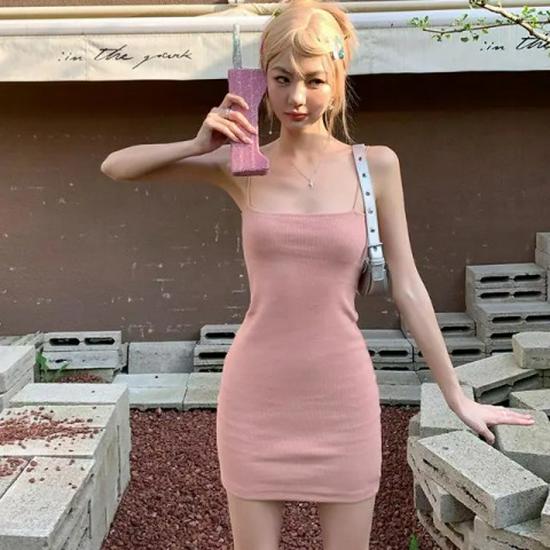 Pink Spicy Chic French Spaghetti Strap Dress - Women's Elegant Slim Fit
