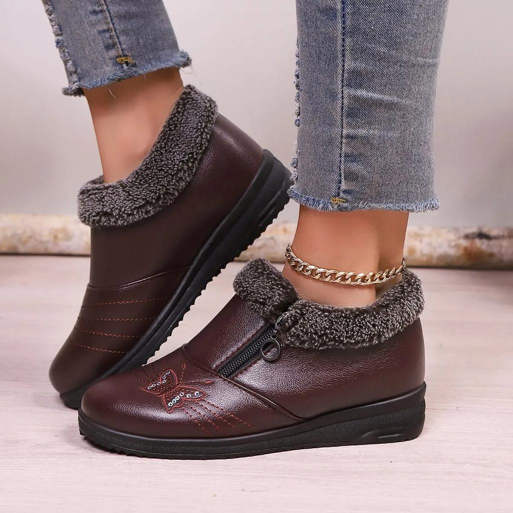 Butterfly Women's Shoes, Women's Boots, Winter Cotton Shoes, Zipper Casual Leather Winter Boots, Wedge-heeled Mid-heel Short-tube Snow Boots