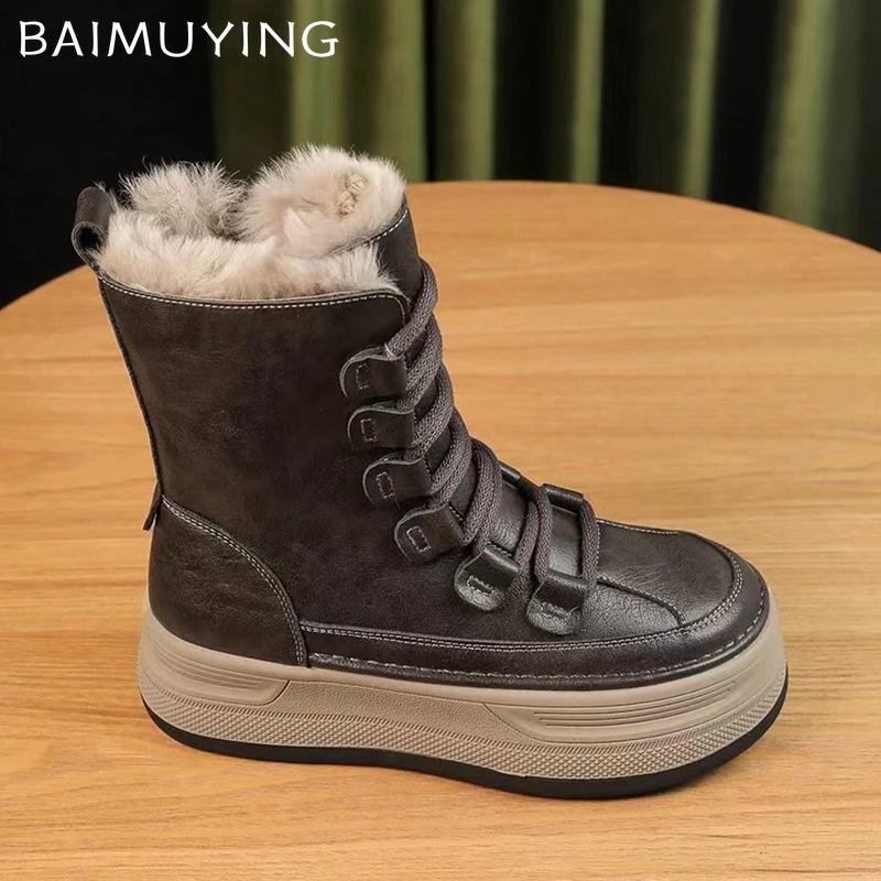 Platform Women Snow Ankle Boots Short Plush Designer Lace Up Cotton Mid Heels Shoes 2025 Trend Winter Warm Walking Botas Mujer