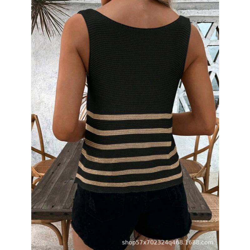 Women Striped Color Block Sleeveless Knit Casual Long Vest Tank Top