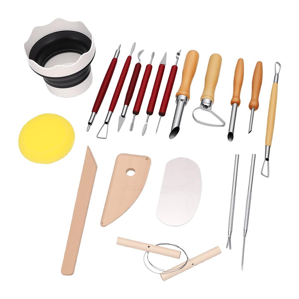 19 Pcs Pottery Tools Kit with Wooden Handle Stainless Steel Clay Sculpting Tools for Ceramics Carving Shaping Detailing
