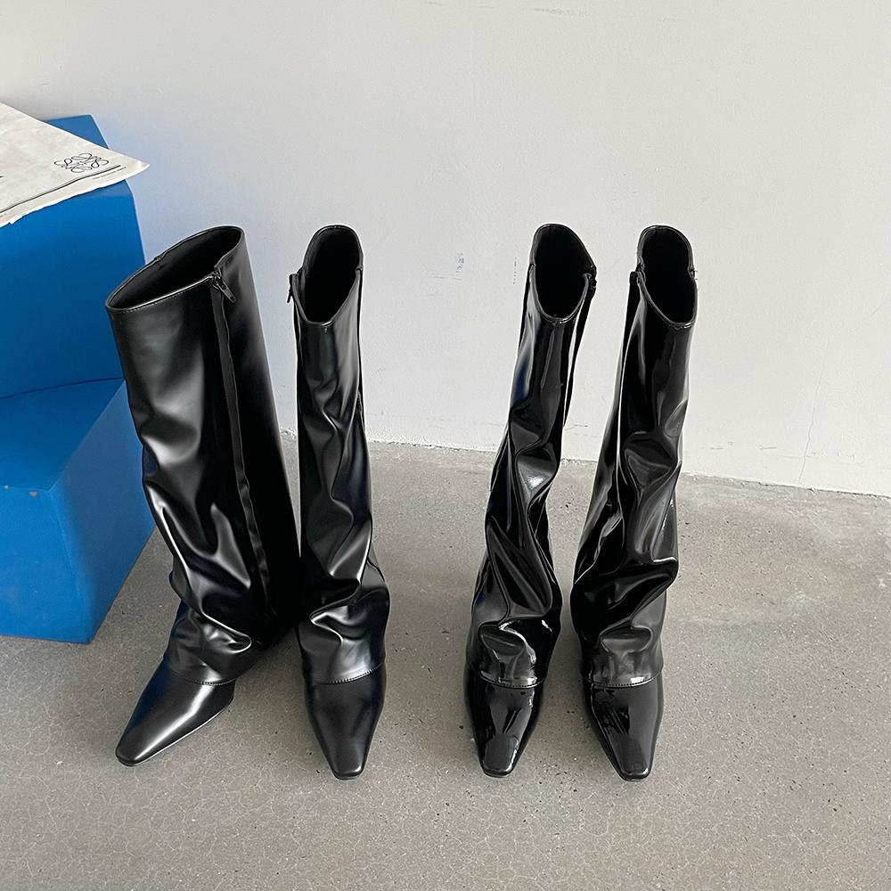 fashion Pointed Toe Women Winter Boots 2024 New Arrivals Knee High Boots Western Botas Black Patent Leather Side Zipper Knight Boots 39