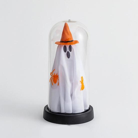 Halloween Indoor Ghost Decoration Light Up Ghost in Glass Cloche with Wood Base Cute Ghost Night Light for Home Kitchen Mantel Shelf Fireplace Decor