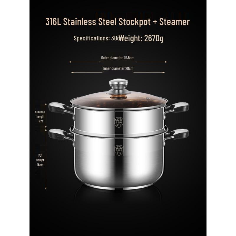 2025 Three-Layer 316 Stainless Steel Steamer & Soup Pot for Induction & Gas Stoves