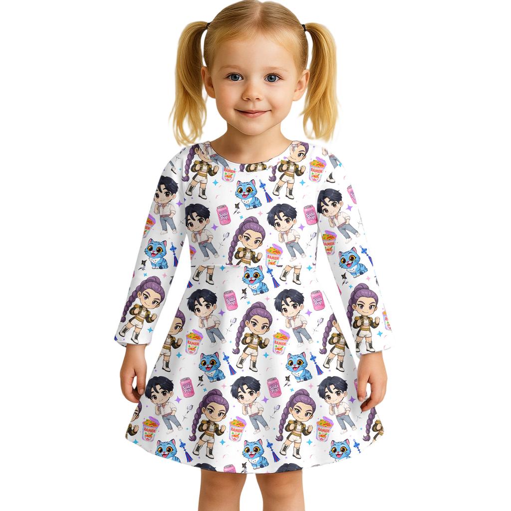 Kids Girls Casual Daily Dress Cute Cartoon Print Long Sleeves Dance Wear Princess Dress 2-12 Years