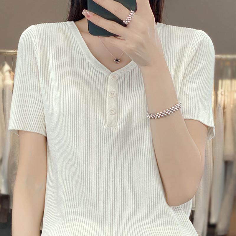V-neck Ice Silk Sweater In Summer New Collarbone Fashionable Short-sleeved Top Fashionable Versatile Pullover Base Shirt