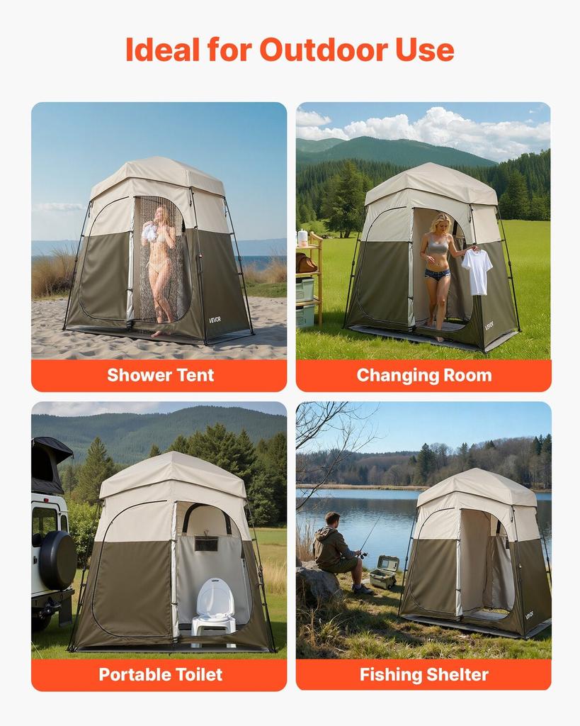 Camping Shower Tent, 2-Room Foldable Portable Privacy Tent Changing Room with Ground Stakes, Ropes, and Carry Bag, 150D Oxford Fabric with Silver