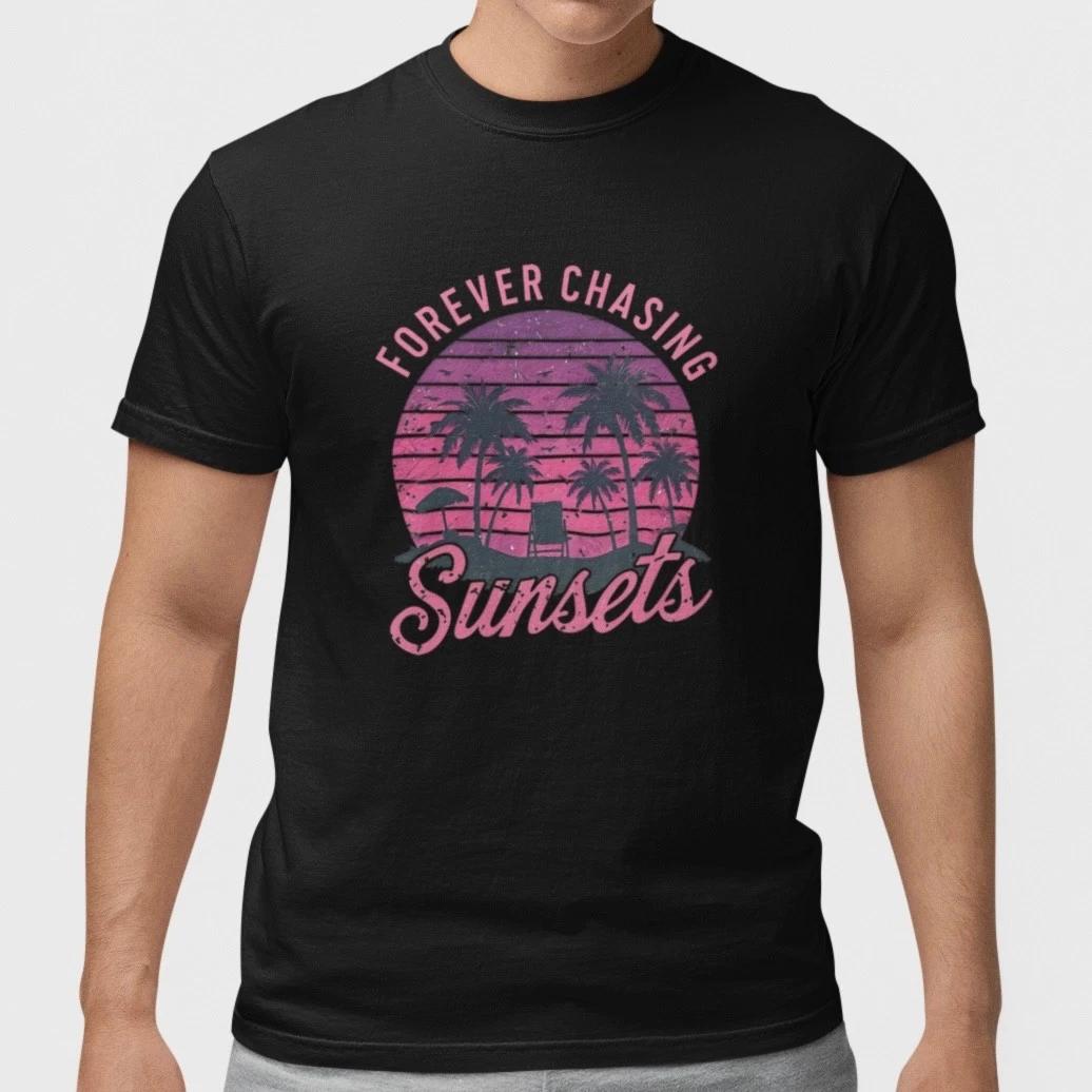 Forever Chasing Sunsets T Shirt Beach Palm Tree Summer Graphic 100% Cotton Tee XS