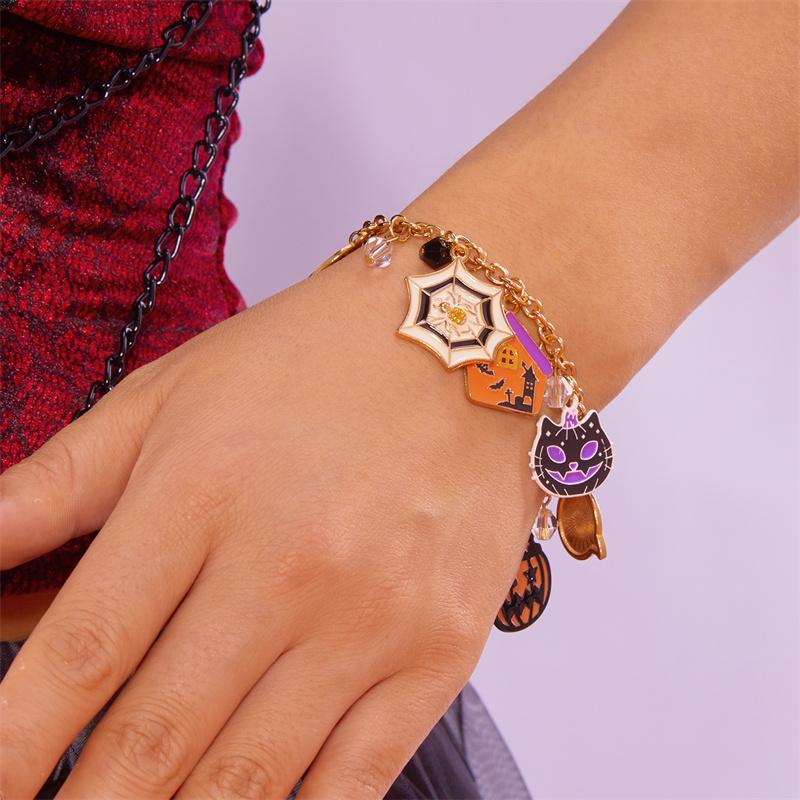 Halloween-Serie Fliegende Katze Skelett Geist Anhänger Armbänder für Damen Handgemacht Dicke Kette Charm-Armband Party Schmuck Geschenke