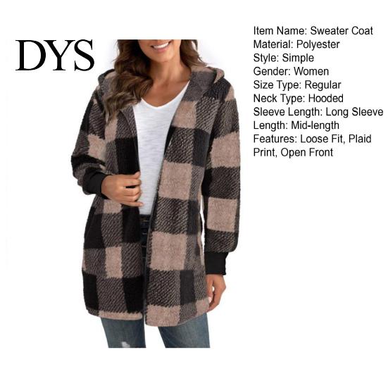 Women Button-up Sweater Coat Open Front Hooded Long Sleeve Easy To Wear Cardigan Plaid Print Knitting Loose Fit Mid-length Knitwear Cozy Knit