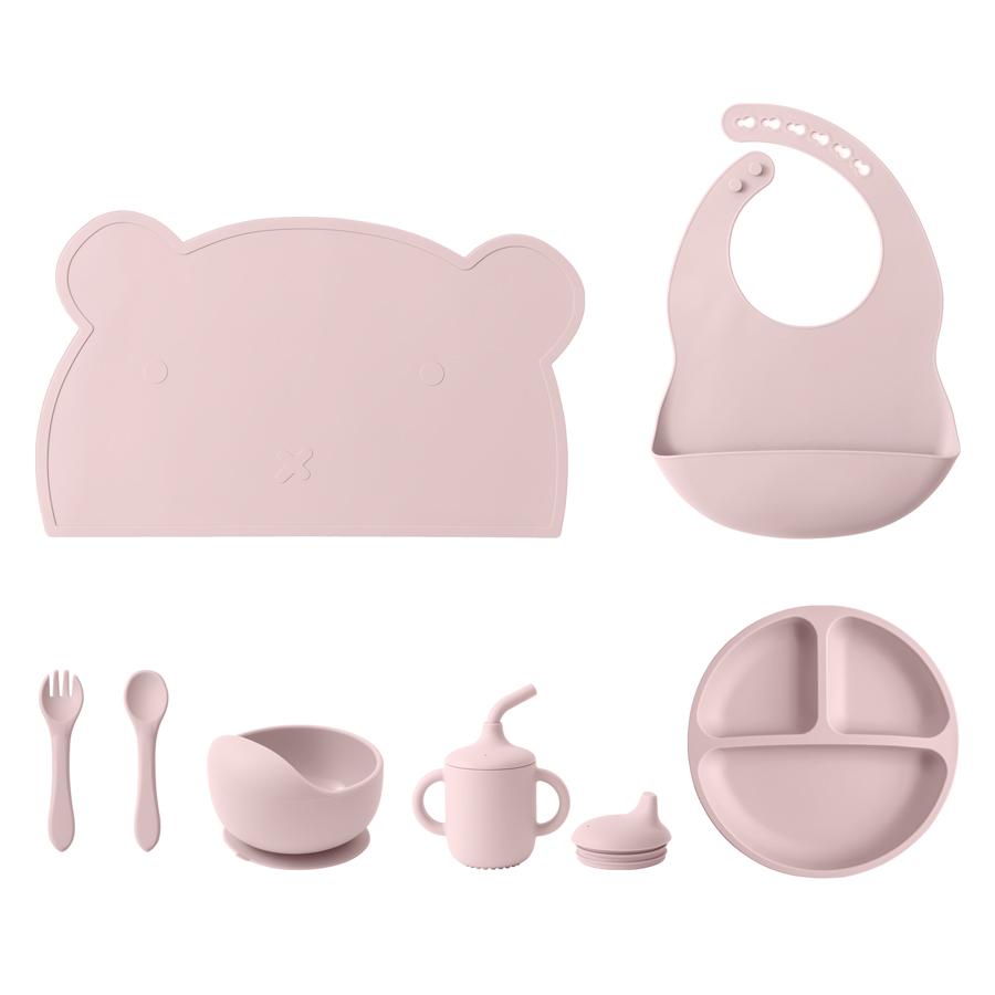 Color Kids 7Pcs Silicone Feeding Set Baby Sucker Bowl Dining Plate Spoon Waterproof Bib Sippy Cup Training Weaning Tableware