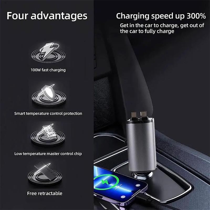 100W 4 IN 1 Retractable Fast Car Charger USB Type C Cable For iPhone Samsung Fast Charge Cord Car Cigarette Lighter Adapter