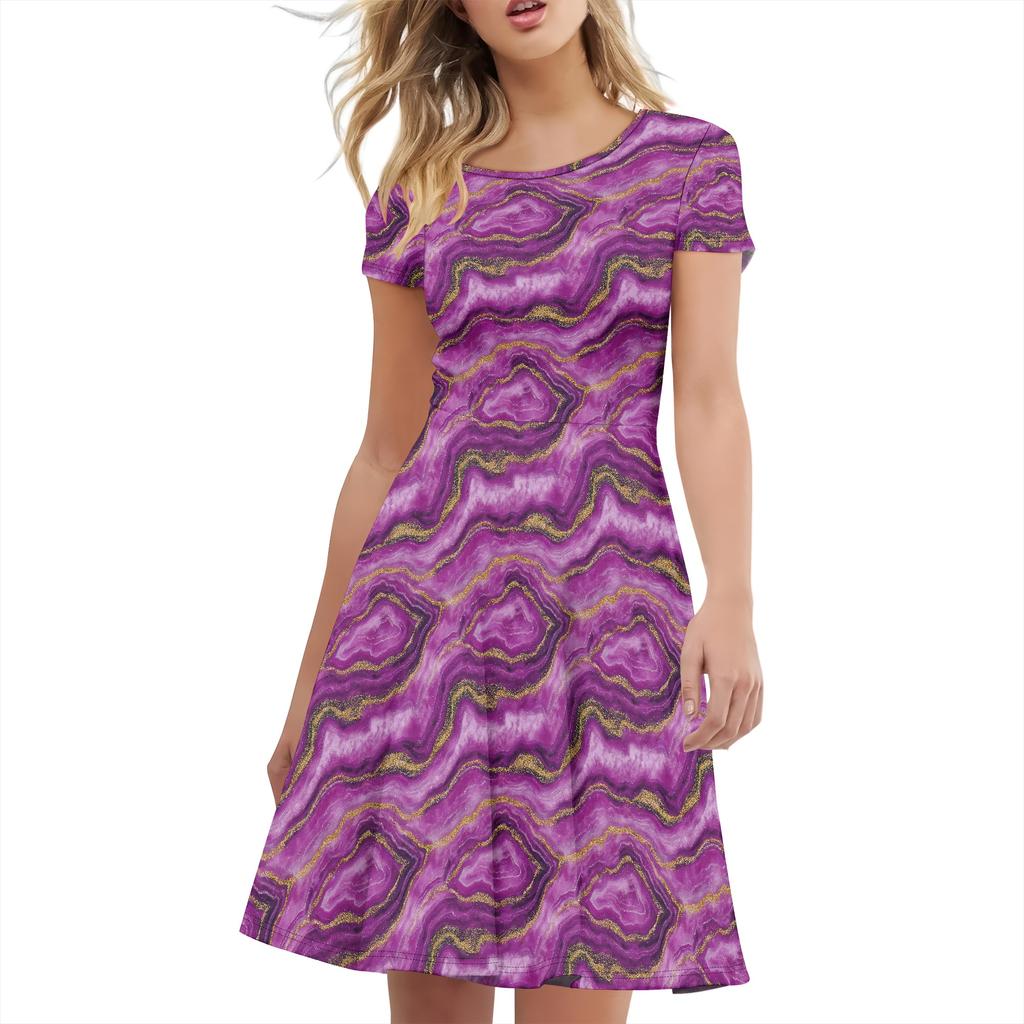 Summer Dress for Women Casual T-shirt Short-sleeved Dress Swing Flowy Beach Vacation Suspender Skirt