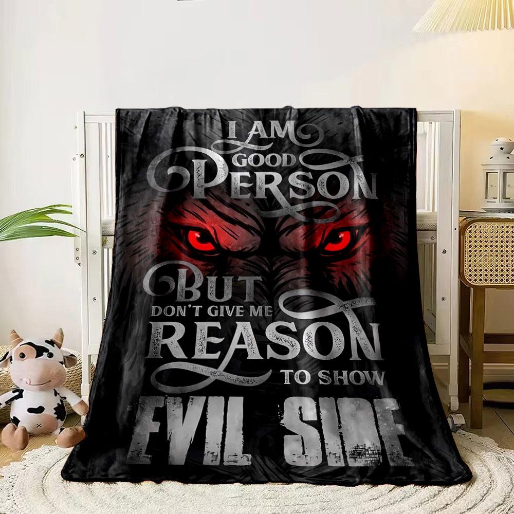 

Dark wolf face with glowing red eyes and bold, dramatic typography. for all seasons blanket lunch break throw gift 80cm x 120cm