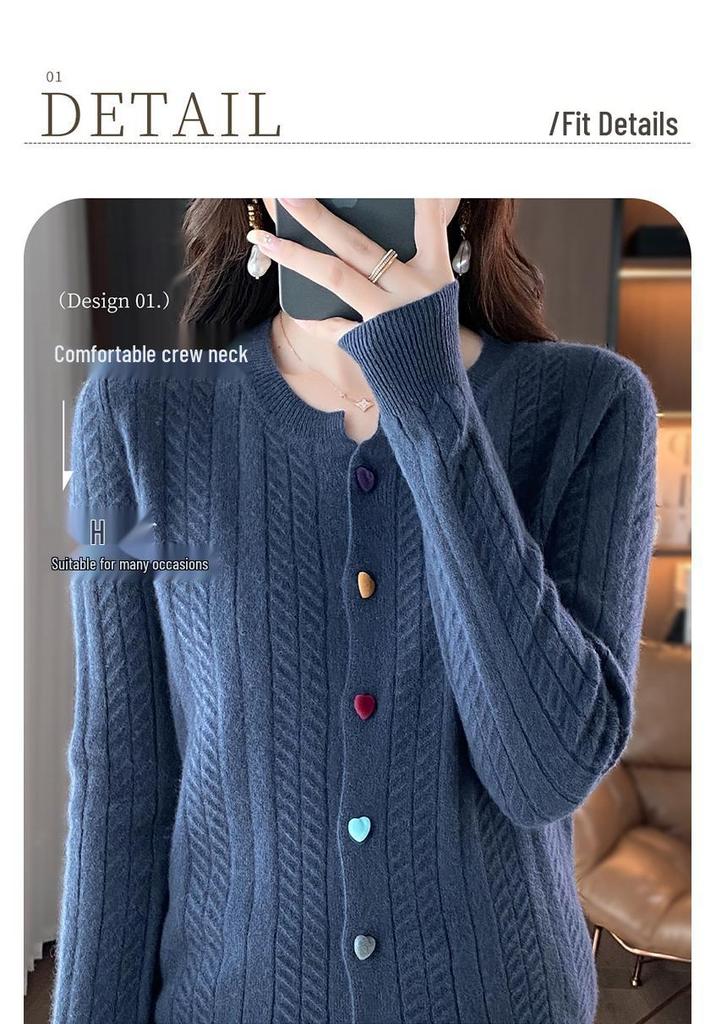 Women's 100% Pure Wool Cable Knit Cardigan with Heart Buttons, Round Neck, and Long Sleeves