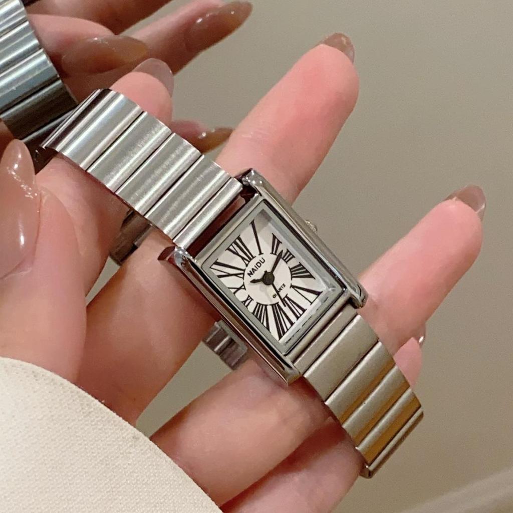 Women's Luxury Quartz Watch with Roman Numerals, Square Face, Bamboo-Style Steel Band, Niche Design.