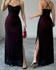 Women's Spaghetti Strap Mesh Ruched Split Maxi Dress Sweetheart Neck Bodycon Party Evening Dress