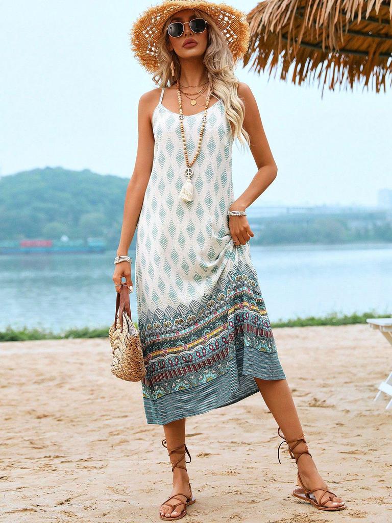 European and American Summer Spaghetti Strap Backless Midi Dress - Women's Slim Fit with Print